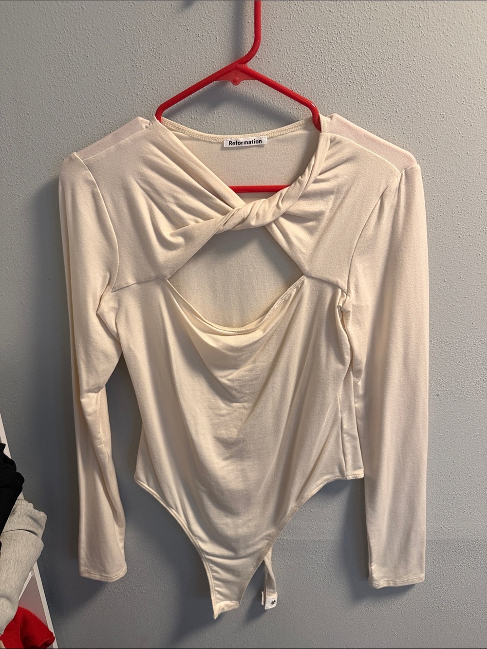 Reformation Cream Twist-Front Long Sleeve Bodysuit with Draped Cutout